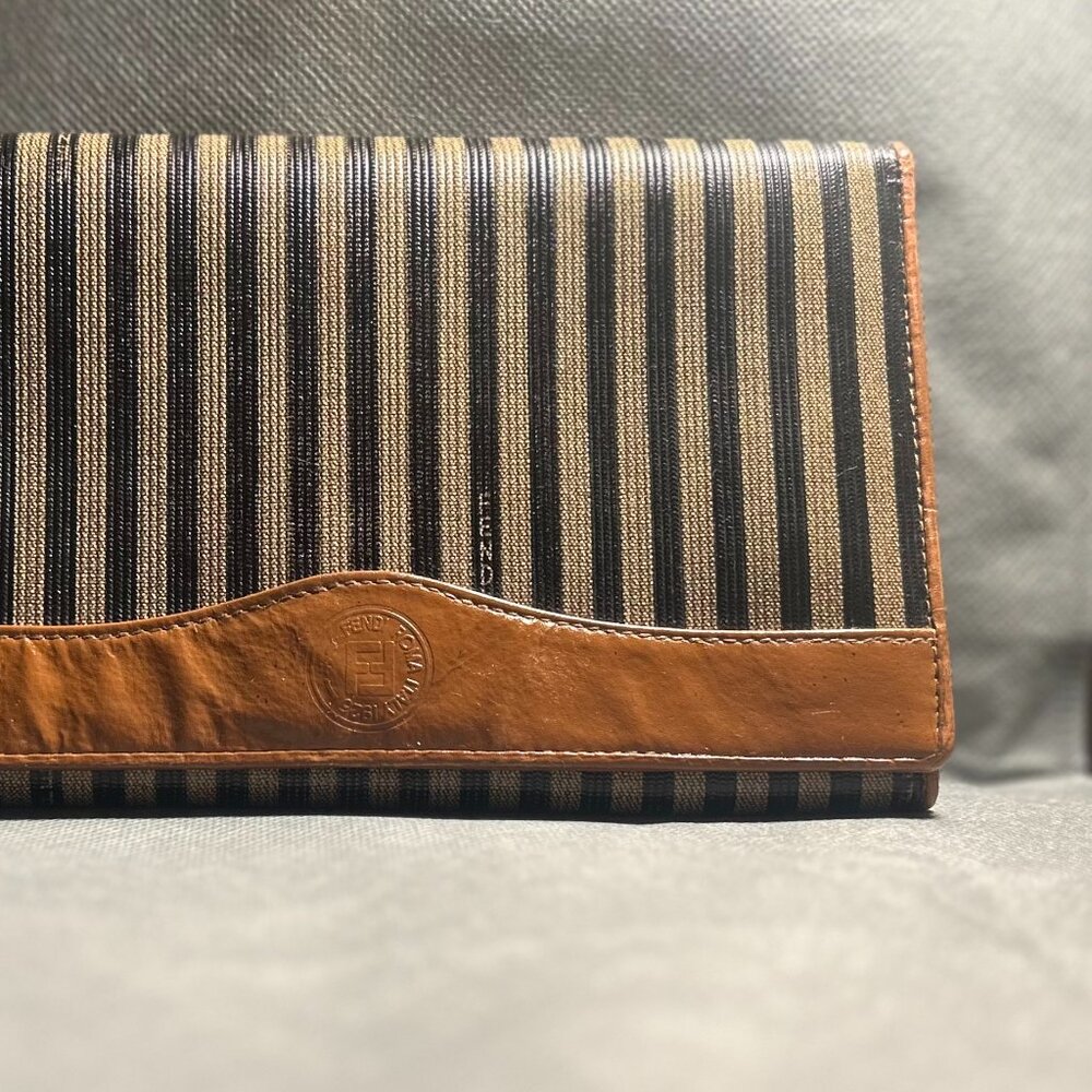 Vintage Fendi Wallet • Pequin Stripe Canvas & Tan Leather • Made in Italy - Picture 2 of 16